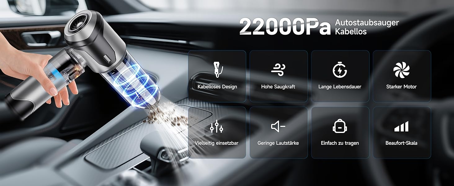 Ручний пилосос автомобільний 22000 Па з безщітковим мотором, 3 режими, для авто, дому, офісу, шерсті тварин, акумуляторний