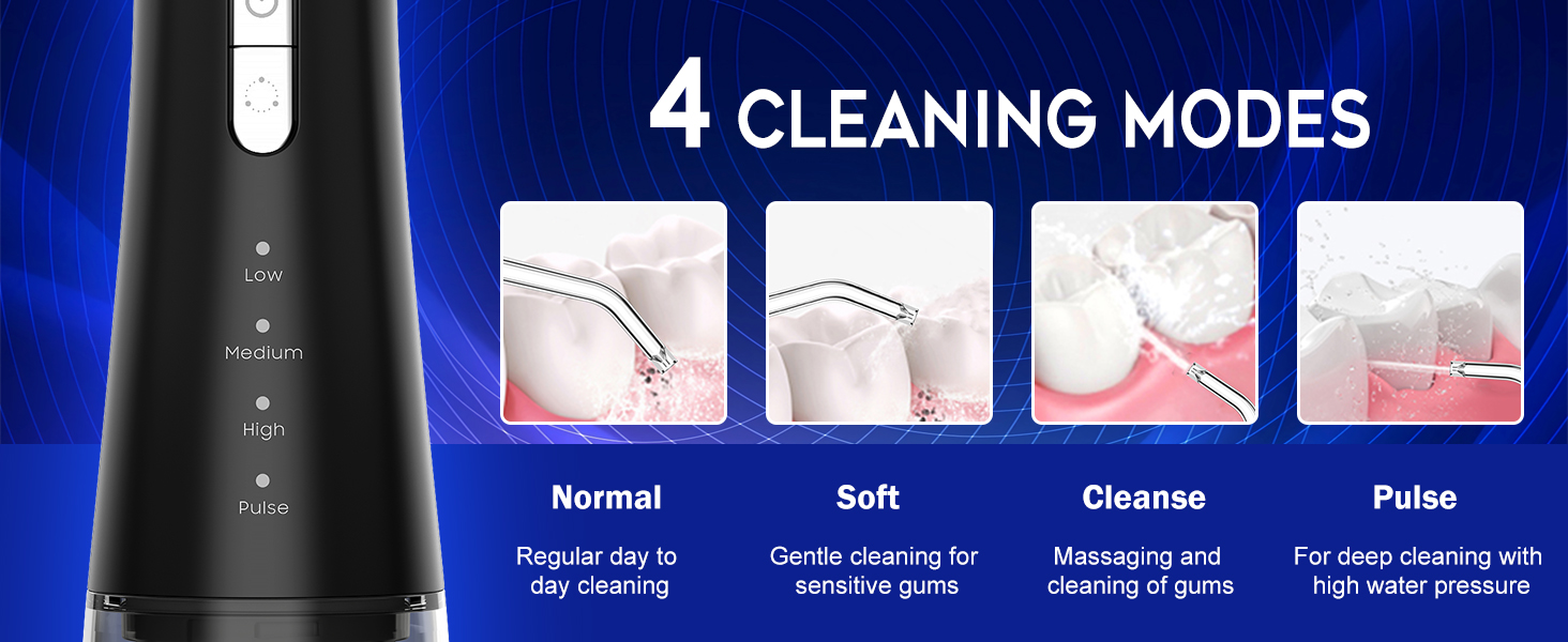Іригатор для порожнини рота Wasser Dental з 4 режимами, 300 мл, для чищення зубів та міжзубних проміжків, портативний, IPX7, чорний