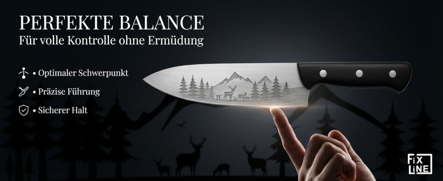 Ніж кухарський FIXLINE® Chefmesser 20 см BLACK FOREST Edition – професійний ніж для кухні, нержавіюча сталь, чорна дерев'яна ручка, подарункова упаковка