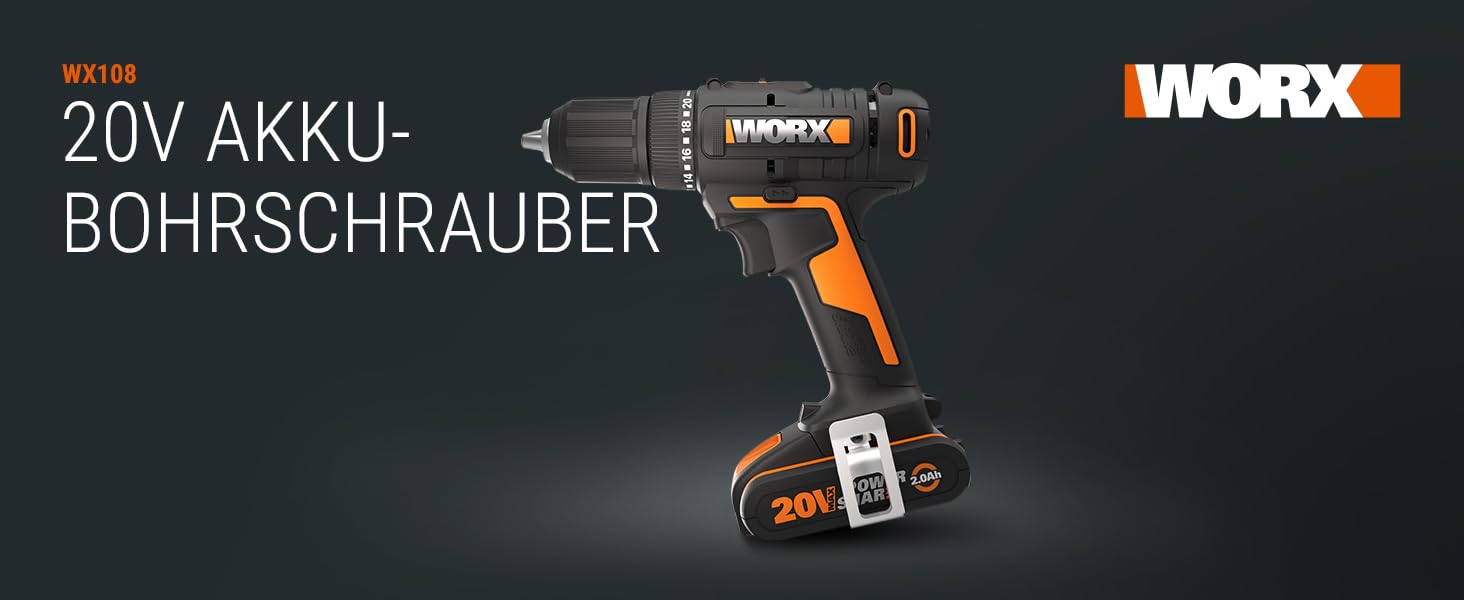 Акумуляторний дриль-шуруповерт WORX WX108 20V – універсальний інструмент для свердління та закручування, 20+1 момент затягування, 40Nm, 13мм патрон, 2 x 2Ah акумулятори, зарядний пристрій