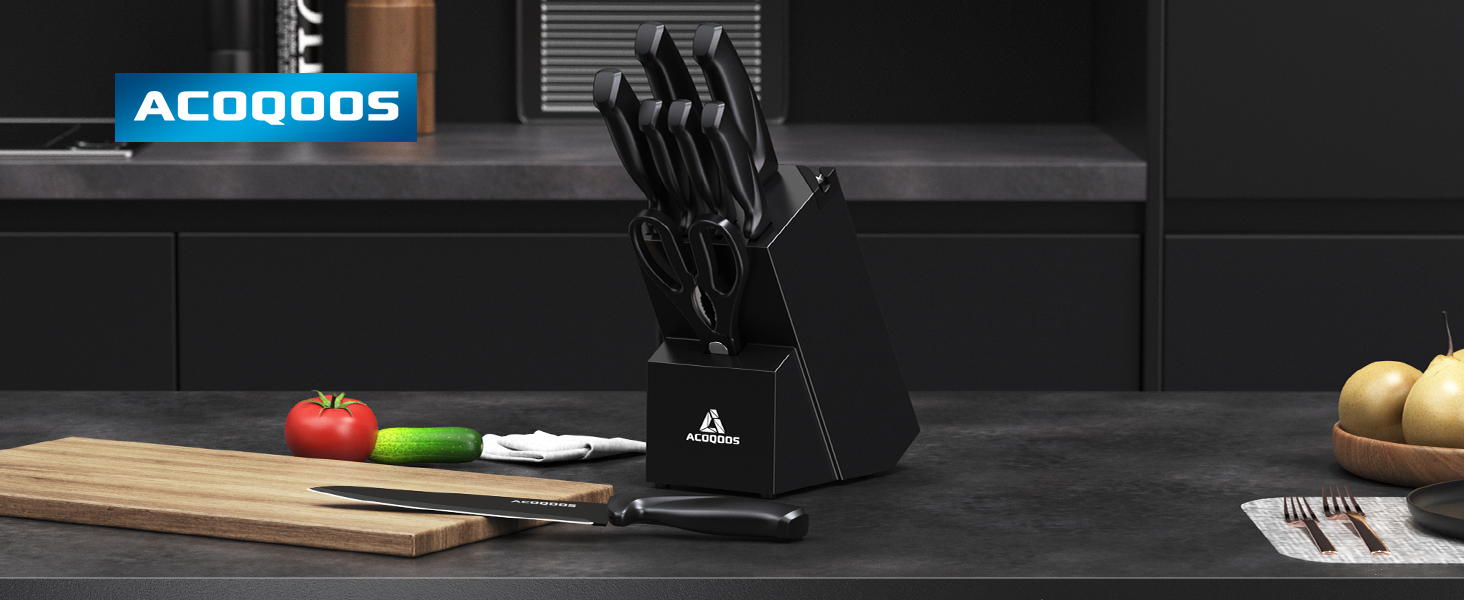 ACOQOOS 14-Piece Knife Block Set with Sharpener - Professional Kitchen Knife Set, Black