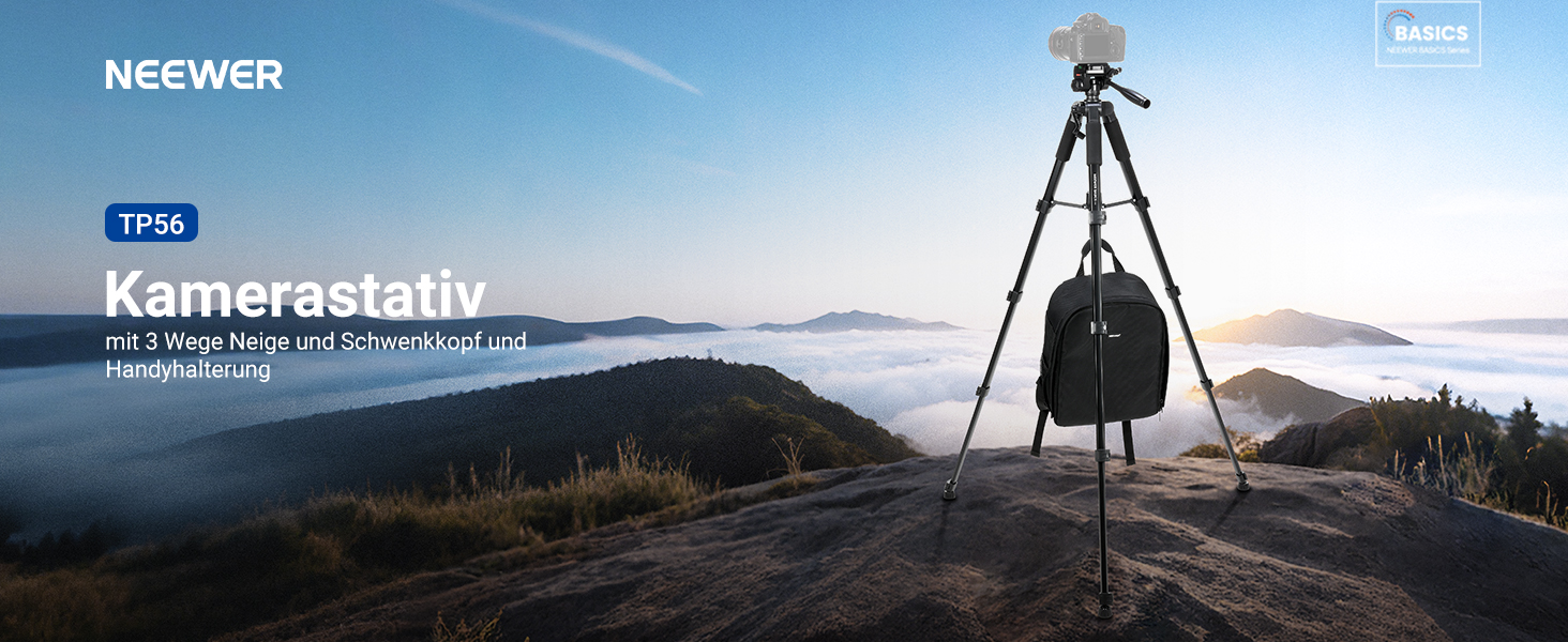 Полегшений алюмінієвий штатив для камери та смартфона NEEWER Basics TP56, професійний компактний трипод для подорожей з 3-позиційною нахильною головкою, висота 188 см