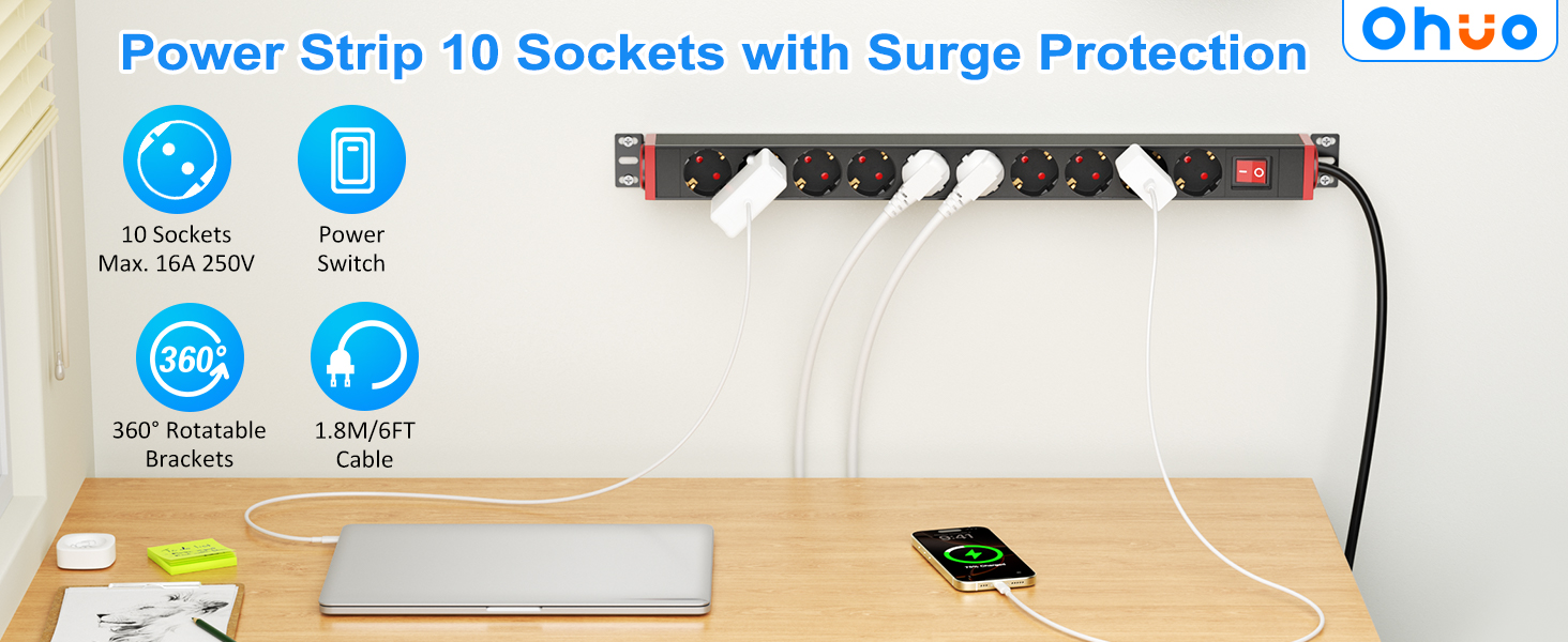 Мережевий фільтр 10 розеток з захистом від перенапруги, з вимикачем та поворотними кріпленнями, чорний, металевий корпус