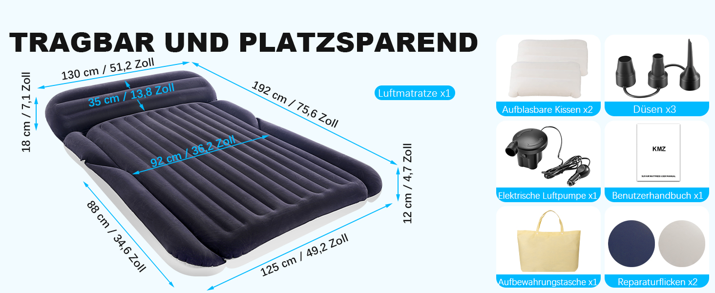 Надувний матрац SUV з 2 подушками – товстий, з фетром, для автомобіля – мобільні подорожі, кемпінг та відпочинок на природі – швидке надування та здування з електричним насосом