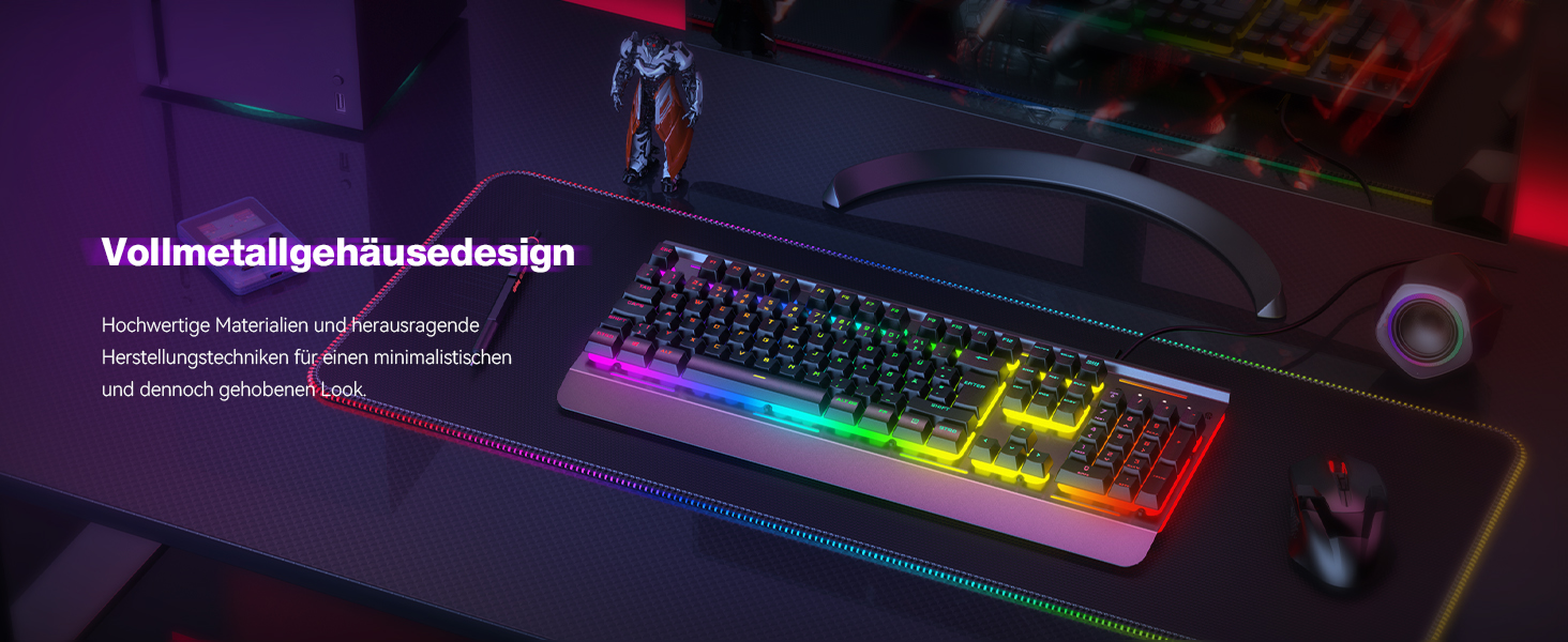 TECKNET RGB ігрова клавіатура для ПК, мембранна, 105 клавіш, повний металевий корпус, підставка для зап'ястя, 15 зон RGB підсвічування, 25 антиблінд, клавіатура для комп'ютера, німецька розкладка (QWERTZ)