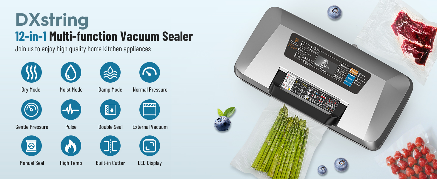 Професійний вакуумний пакувальник DXstring Vakuumiergerät Profi: 12 функцій, 95kPa, подвійний шов, для продуктів харчування