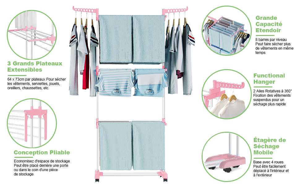 Клатковий сушильник для білизни InnoTic з 4 ярусами та колесами - великий, для дому та вулиці (білий/сірий)