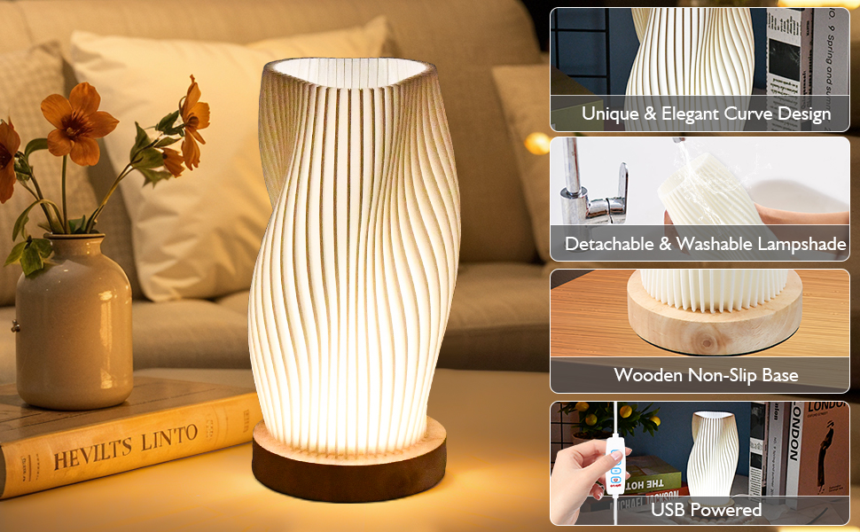 Нічна лампа Focenat з дерев'яним цоколем, 9-рівнів регулювання яскравості, мінімалістична лампа з абажуром з PLA, невелика лампа з кабелем, для спальні, вітальні