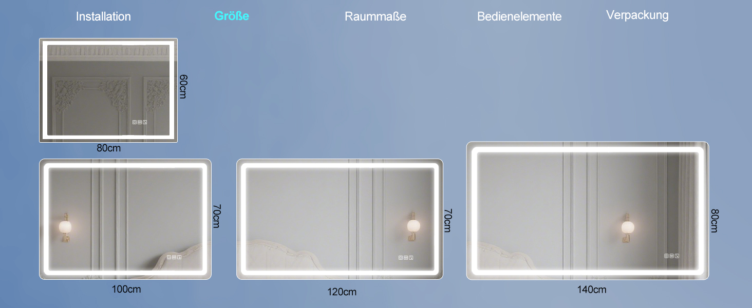 Дзеркало для ванної кімнати зі підсвічуванням STARLEAD 100x70 см з Bluetooth, антизапотівання, регулювання яскравості, 3 кольори світла, пам'ять, IP44, LED, горизонтальне/вертикальне, HD скло, Madrid Silver (M3015)