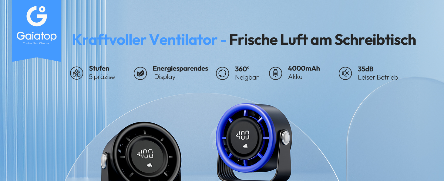 Портативний акумуляторний вентилятор Gaiatop з USB, 5 швидкостей, LED-дисплей, поворотний на 360°, для дому та офісу (блакитний)