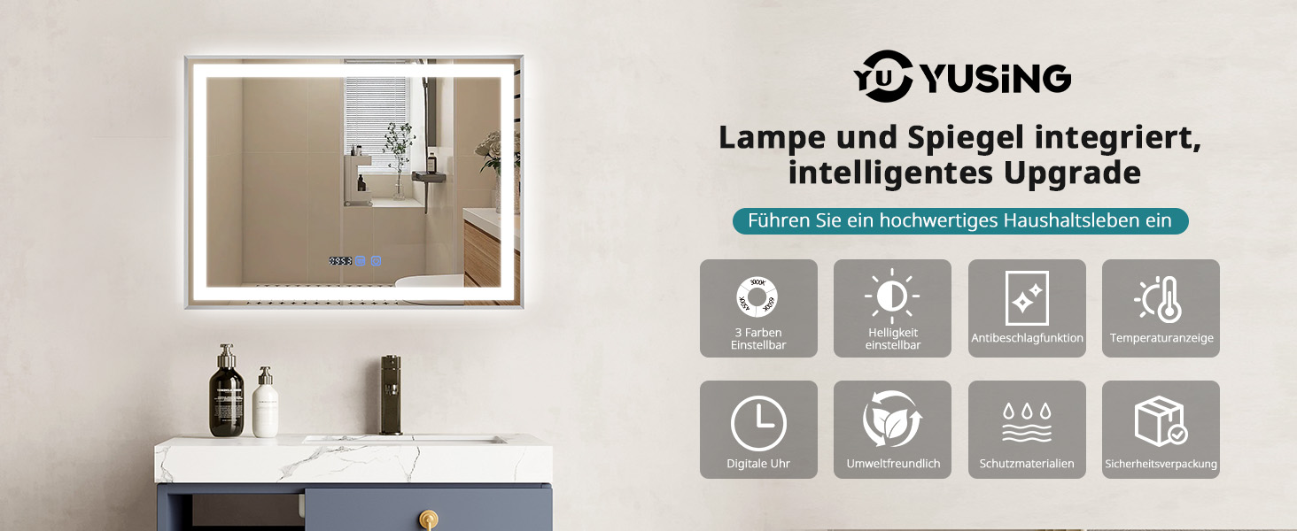 Дзеркало для ванної кімнати YU YUSING з підсвічуванням 60x80 см, протизапітніння, 3 кольори світла, регулювання яскравості, LED, годинник, IP44, металевий каркас, вертикальне, срібне