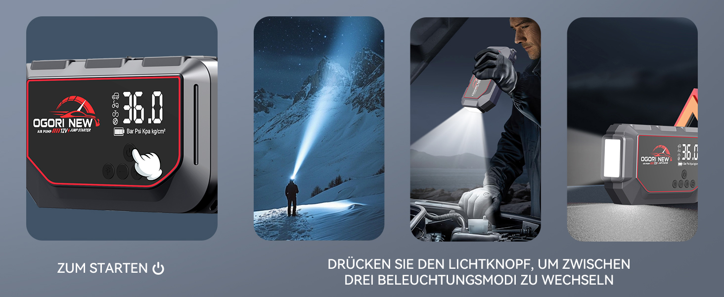 Портативний пусковий пристрій OGORI K33 з компресором 150 PSI та LED ліхтариком для автомобілів 12V (бензин 8L/дизель 10L)