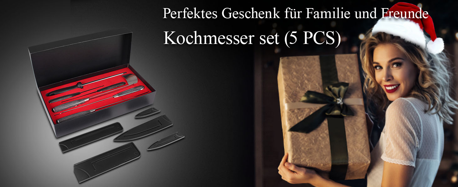 Набір кухонних ножів MOSFiATA 5 предметів з високоякісної вуглецевої нержавіючої сталі: Ніж Накірі 18 см, Універсальний ніж 13 см, Ніж для хліба, Точилка для ножів та Подарункова коробка