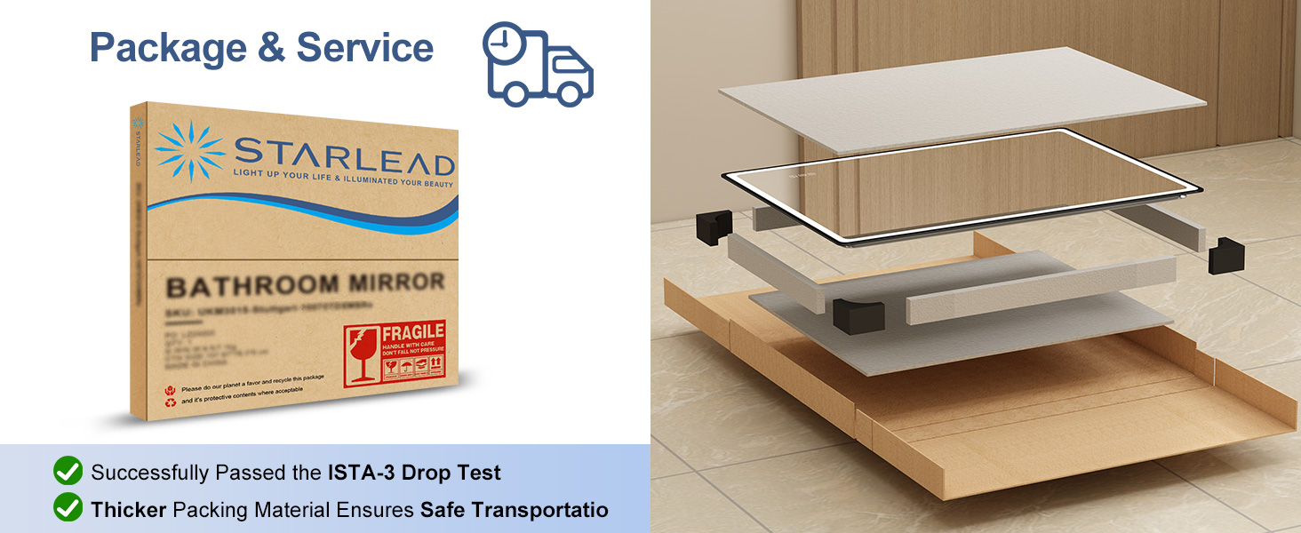 Дзеркало для ванної кімнати зі світлодіодним підсвічуванням STARLEAD 80x60 см, Bluetooth, протитуманне, регульоване, 3 кольори світла, HD скло, IP44, горизонтальне/вертикальне