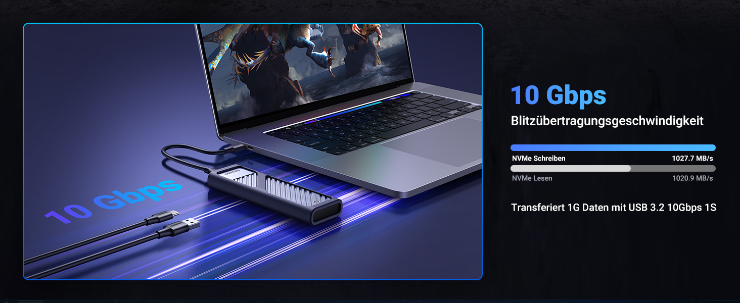 Зовнішній корпус для SSD UGREEN M.2 NVMe USB 3.2 Gen 2, швидкість 10Гбіт/с, алюмінієвий
