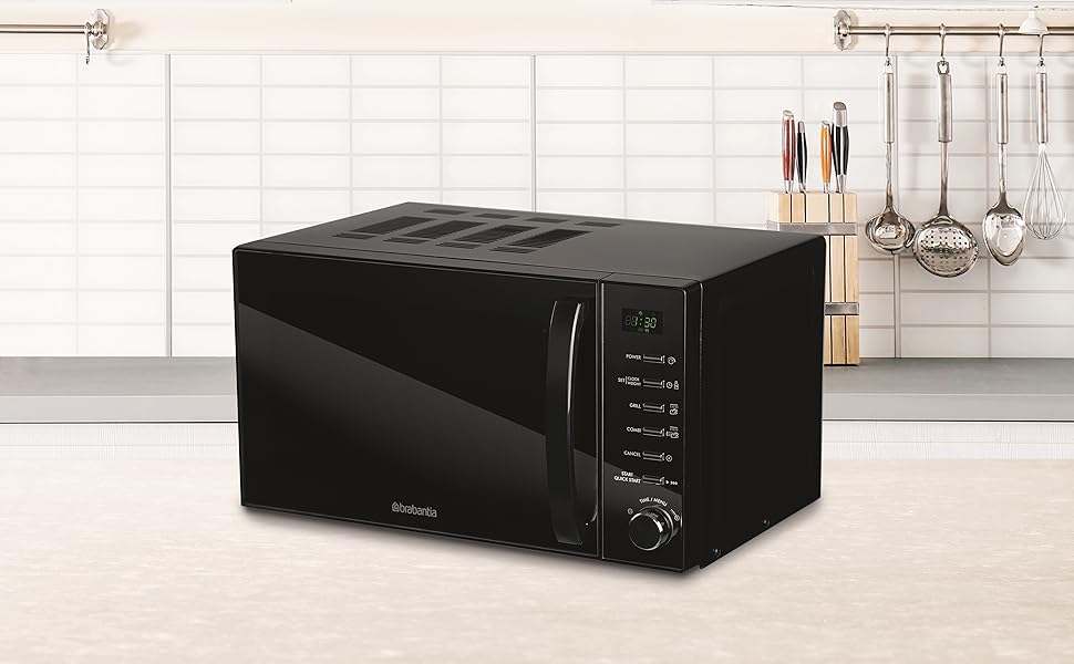 Мікрохвильова піч Brabantia з грилем, 20 літрів, 700W, окремо стояча, 13 автоматичних програм, 6 рівнів потужності, цифровий таймер, великий об'єм, чорна