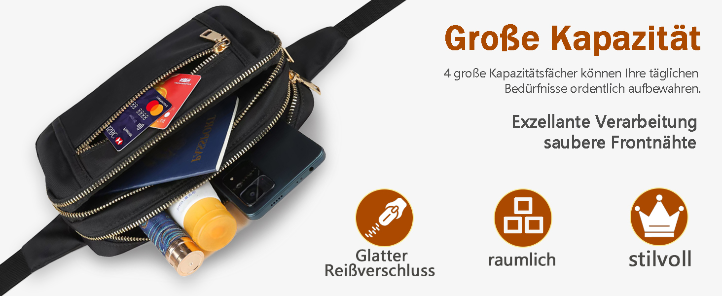 Чоловіча та жіноча поясна сумка Bauchtasche, стильна сумка на пояс для фестивалю, з регульованим ремінком та кількома кишенями, чорна. Підходить для бігу, спорту, прогулянок з собакою.