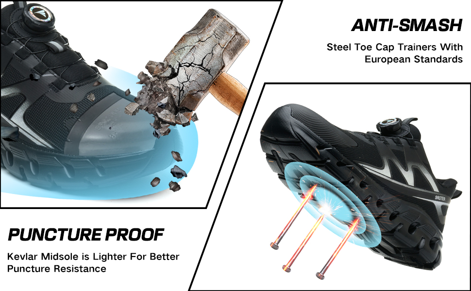 Черевики безпеки унісекс, легкі, спортивні, дихаючі, шнурки/крутильний замок, сталевий підносок, антиковзаючі, 43 EU, чорні