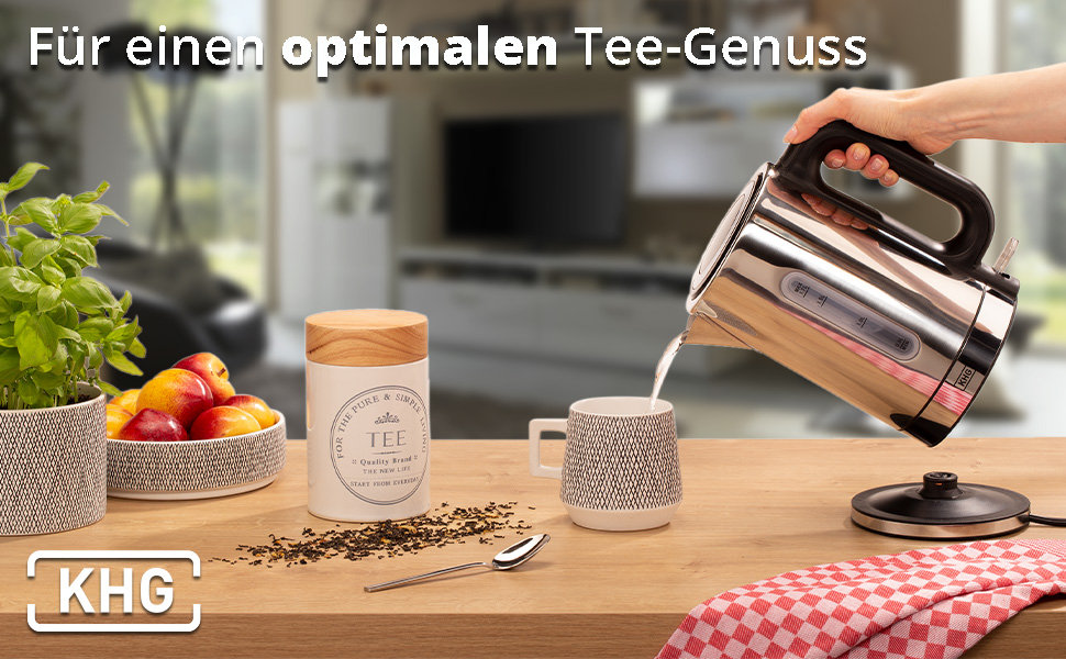 Електричний чайник KHG WK-1702 ES з нержавіючої сталі, 1,7 л, фільтр від накипу, індикатор рівня води, відкривання кнопкою, захист від сухого кипіння, автоматичне відключення, прихований нагрівальний елемент, BPA-free, 2200 Вт