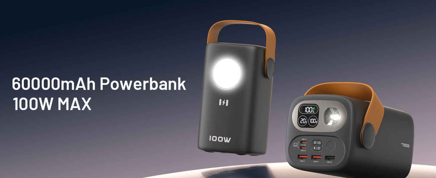 Power Bank Selore&S 60000mAh 100W з 5 портами USB-C для iPhone, Samsung, MacBook, iPad Pro, Switch, Steam Deck, Surface Go (Сірий)