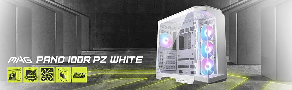 Корпус ПК MSI MAG PANO ATX з підтримкою GPU-стійкою, індикатором рівня заповнення, фільтрами від пилу, 33 мм кабелепроводом та USB Type-C (20Gbps) (100R PZ White)