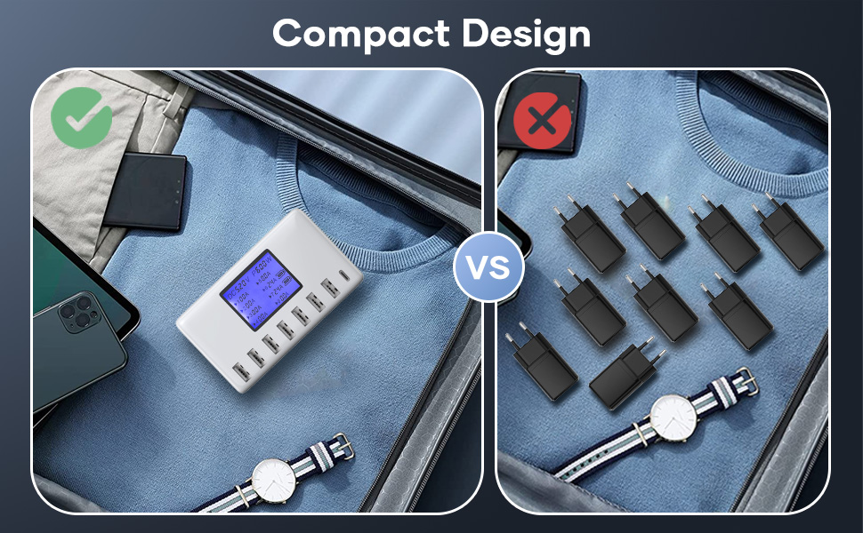 Зарядний пристрій USB 60W, 8 портів, USB-C з LCD дисплеєм для iPhone, iPad, Android, Samsung, Huawei, планшетів, Kindle (білий)