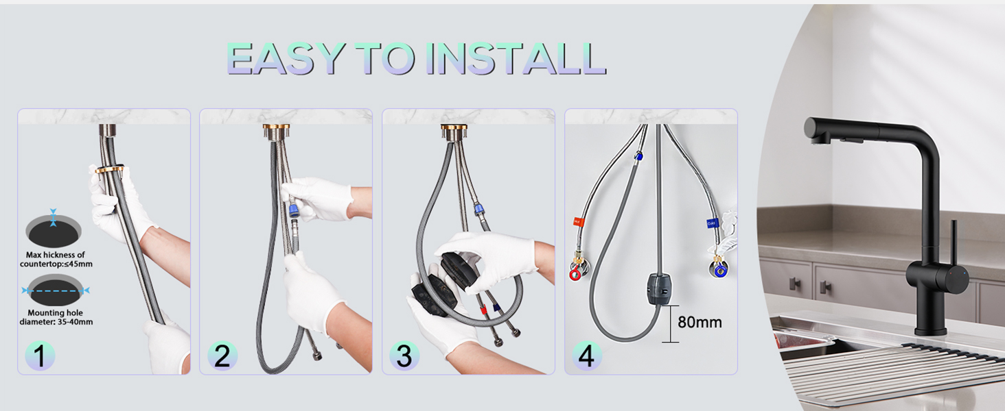 Змішувач кухонний з висувною лійкою, чорний, з двома режимами струменя, 360° обертання, з нержавіючої сталі