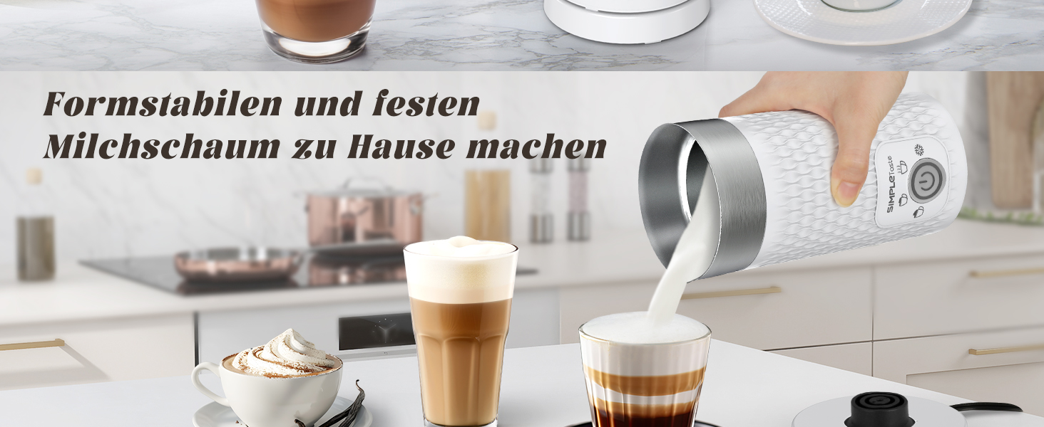 SIMPLETASTE Електричний спінювач молока 4-в-1: нагрів, спінювання гарячого/холодного молока, автоматичне вимкнення, білий