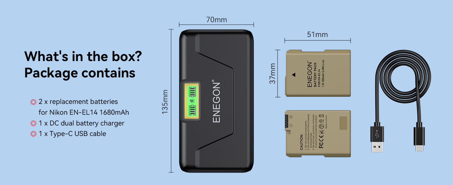 Зарядний пристрій ENEGON EN-EL14 20W з двома акумуляторами 1680mAh для Nikon D3100-D5600 з LCD дисплеєм