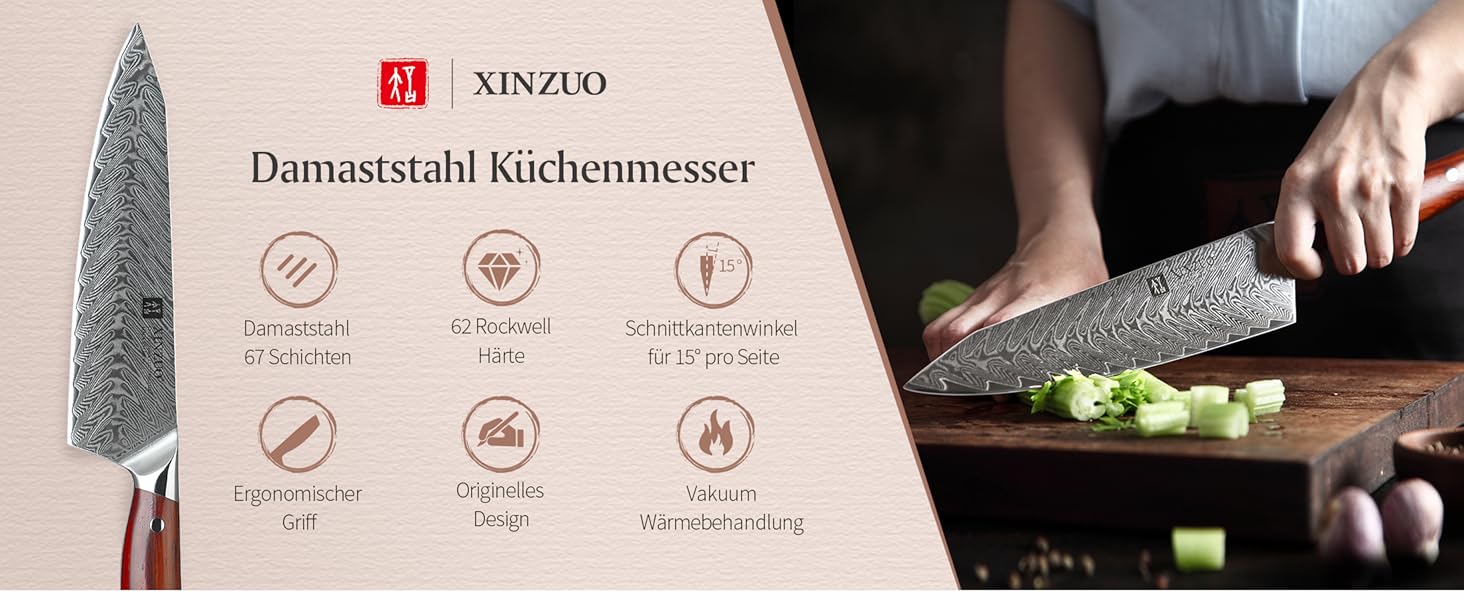 Ніж кухарський XINZUO Damaststahl Kiritsuke 21см, професійний, з ручкою з рожевого дерева, з магнітною підставкою