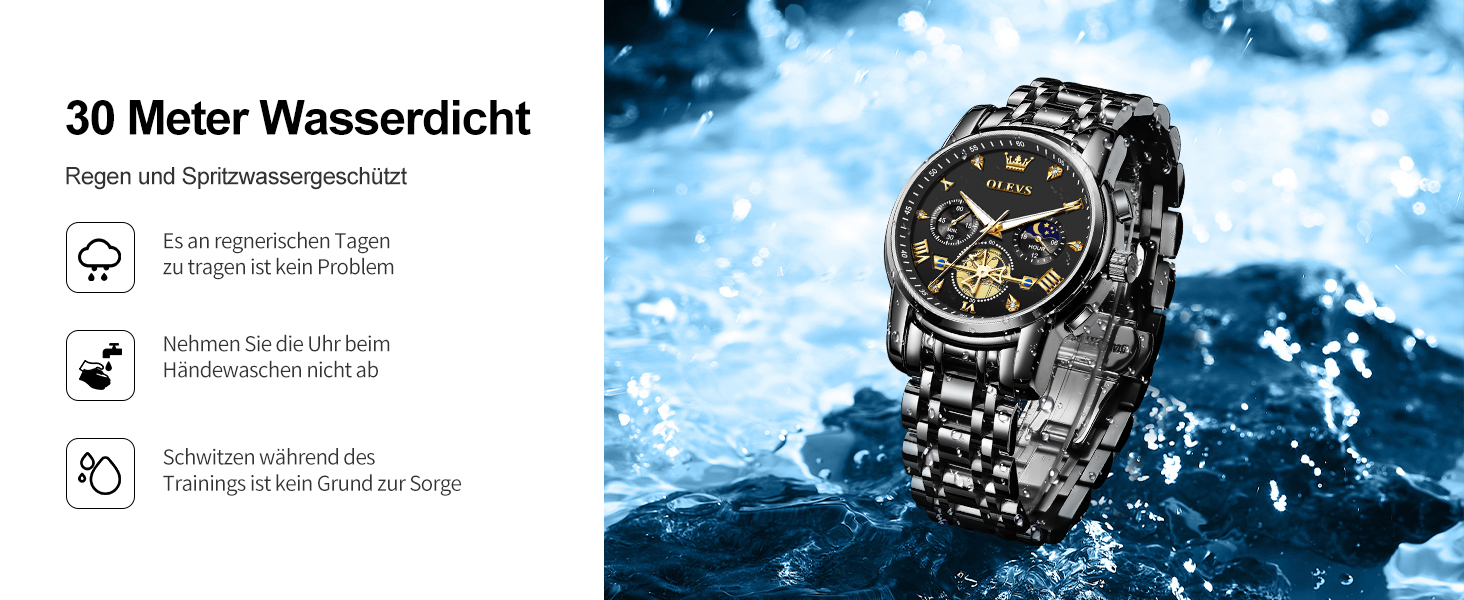 Годинник чоловічий OLEVS з металевим ремінцем, кварцовий, з місячною фазою, хронограф, водонепроникний, чорний (2856)