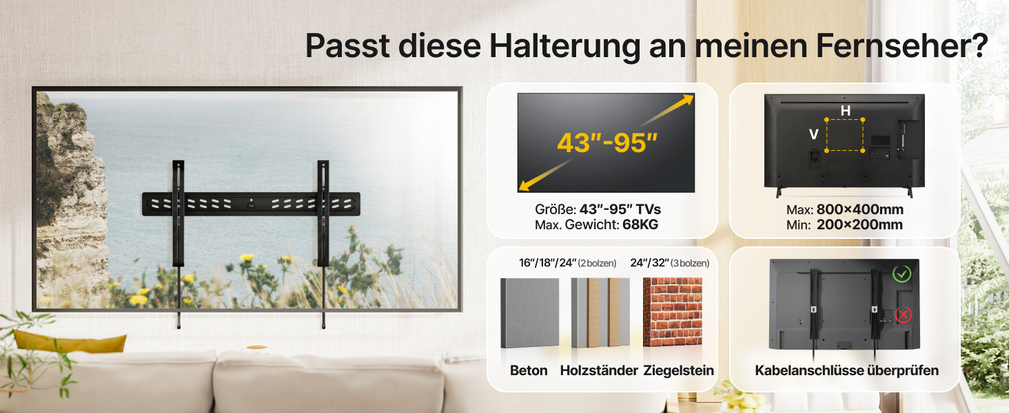 Настінний кронштейн для телевізора monTEK Ultra Slim (43–95 дюймів), фіксований, до 68 кг, VESA 800x400 мм