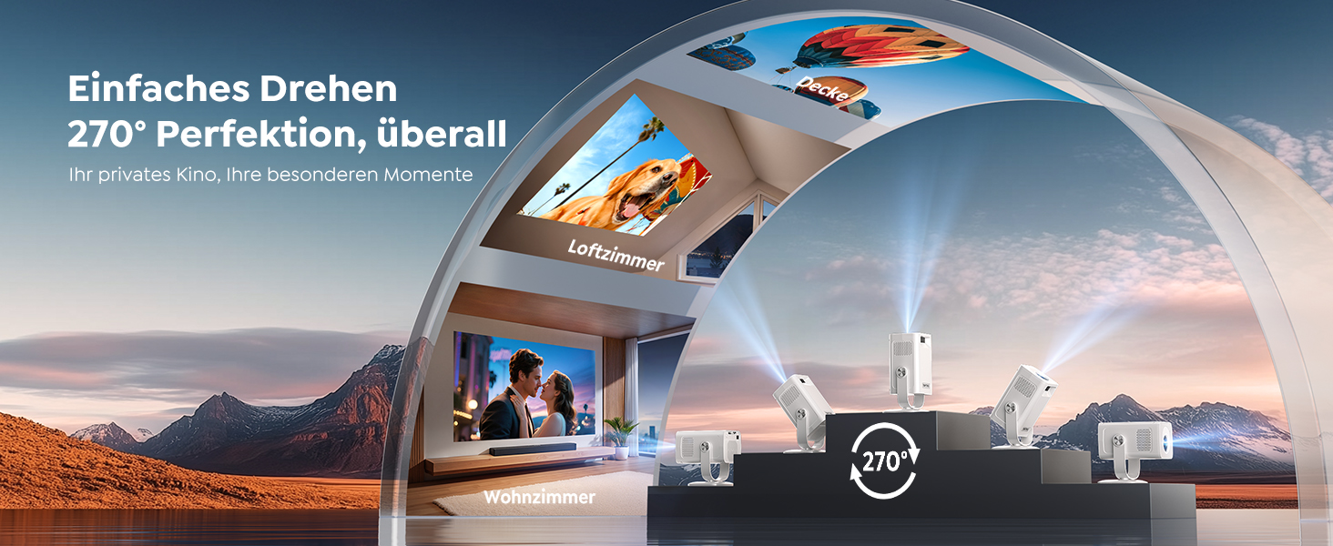 Портативний проєктор Mini Beamer 4K з підтримкою Android 13, WiFi 6, Bluetooth 5.4 та обертанням 270°. Підтримка HDMI, USB, iOS, PC. Ідеальний для домашнього кінотеатру та використання на відкритому повітрі з автокорекцією трапеції.