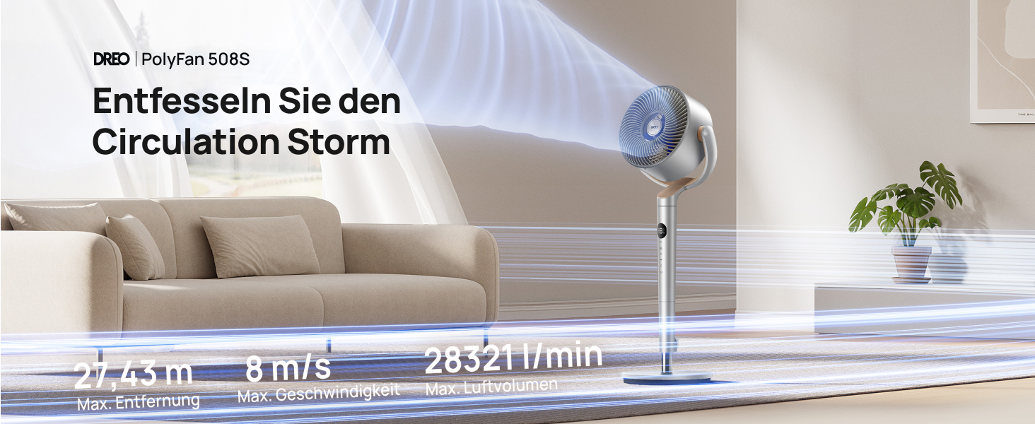 Вентилятор підлоговий Dreo з Wi-Fi та LED, 102 см, 8 швидкостей, 3 режими, 1200 м³/год, срібний