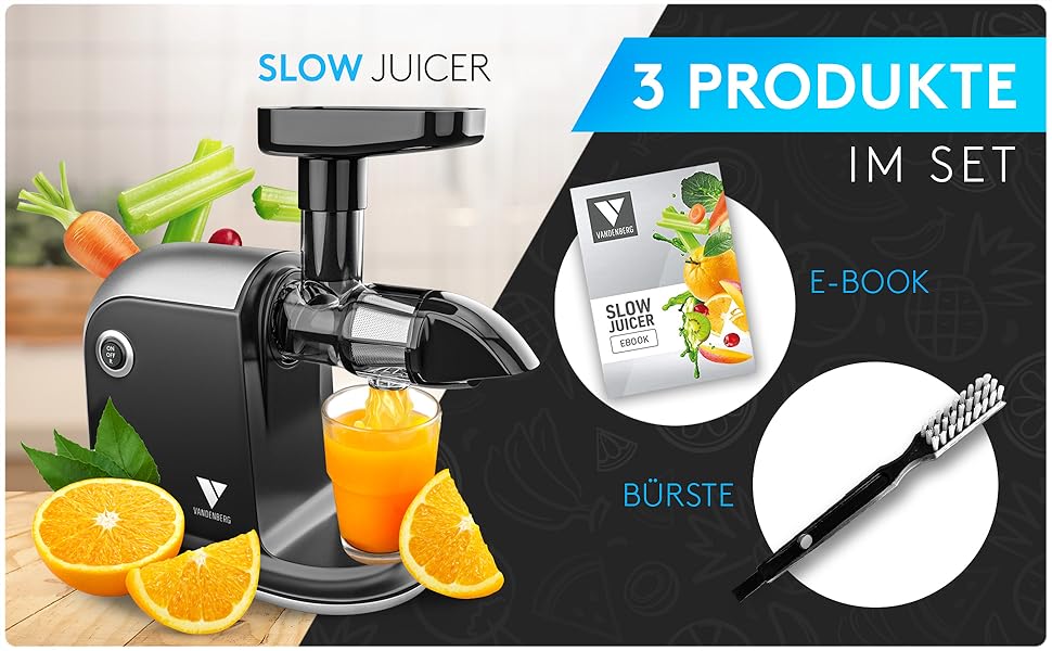 Vandenberg Slow Juicer - повільний відцентровий соковичавник для овочів та фруктів, 150W, з функцією реверсу, BPA Free