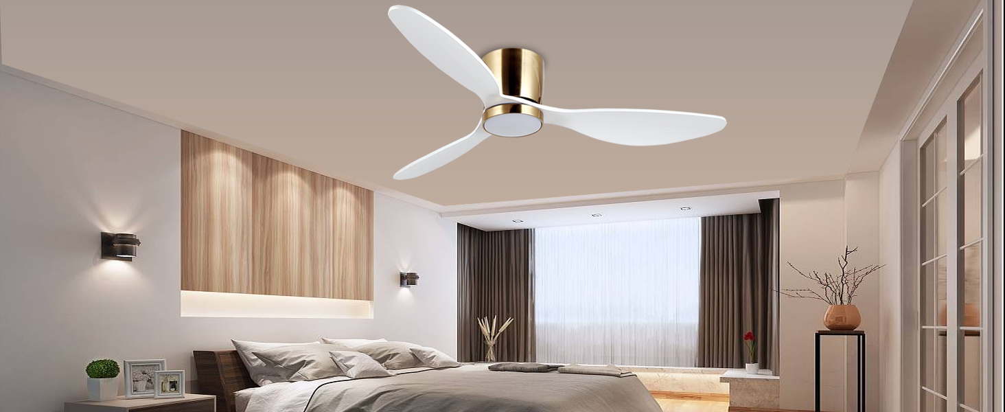 Стеляний вентилятор Reiga з LED-підсвічуванням та пультом керування, 132 см, тихий DC-двигун, 3 колірні температури, 3-лопатевий дизайн з дерева для спальні, вітальні та кухні, білий, монтаж на стелю