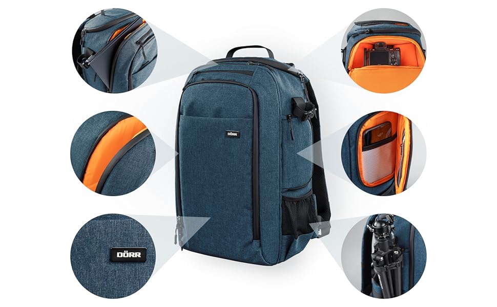 Рюкзак для фототехніки DÖRR Prag Go 16L/Prag Pro 20L, водонепроникний, для дзеркальних/зеркальних беззеркальних камер, відділення для ноутбука 16 дюймів, знімні перегородки, кріплення для штатива, рюкзак для дронів, міцний та легкий (блакитний)