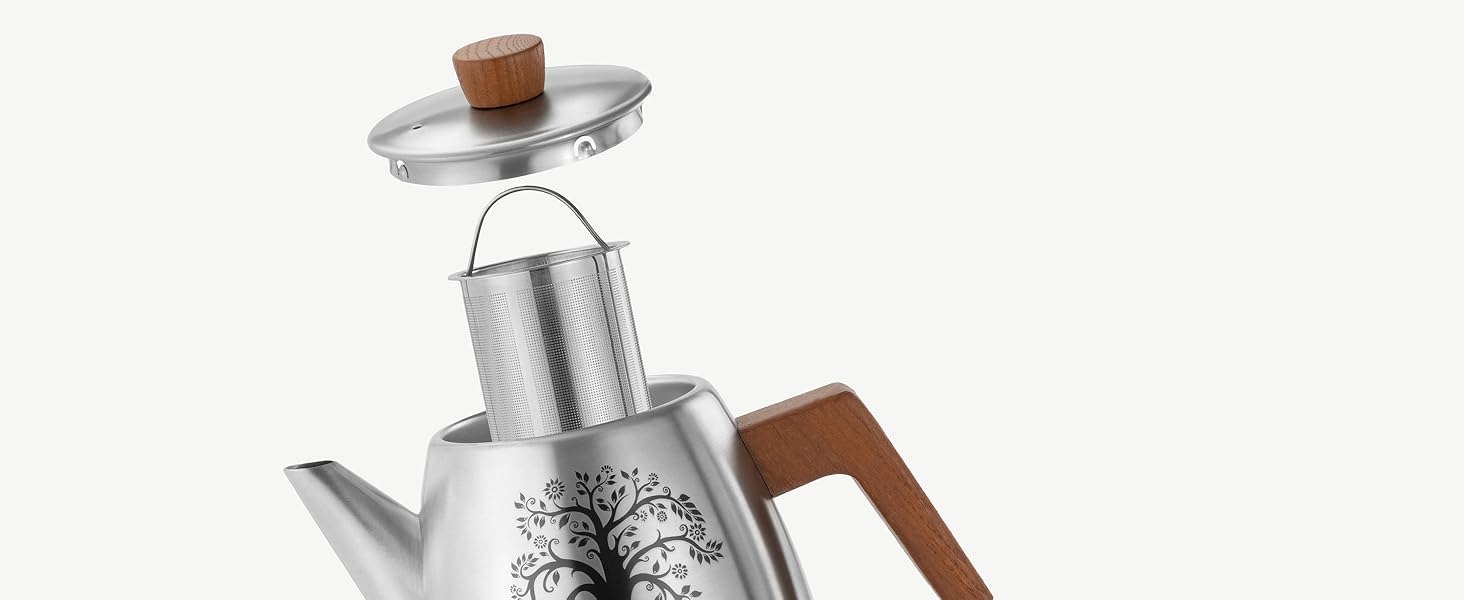 Термос-чайник YC Yang Chai з ситом із нержавіючої сталі 304, двостінний, 1.1 л, з дубовими ручками, сріблястий