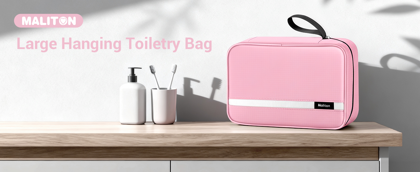 Сумка для косметики Maliton з підвішуванням, водонепроникна | Велика дорожня сумка для подорожей, ділових поїздок, спорту, плавання | Косметичка для жінок та чоловіків з 4 відділеннями, складна та компактна (Рожева)