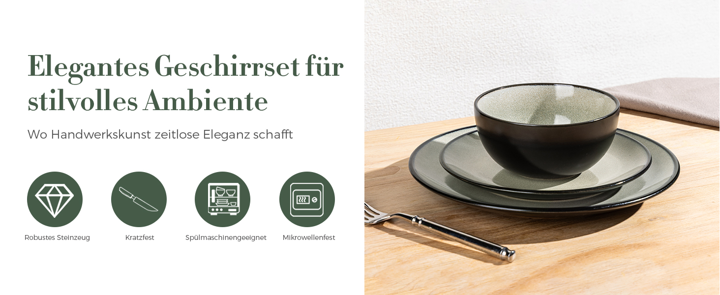 Набір посуду з каменю GBhome на 6 осіб (18 предметів), ручна робота, реактивна глазур, мікрохвильова та посудомийна машини, набір тарілок та мисок Desret Salbei