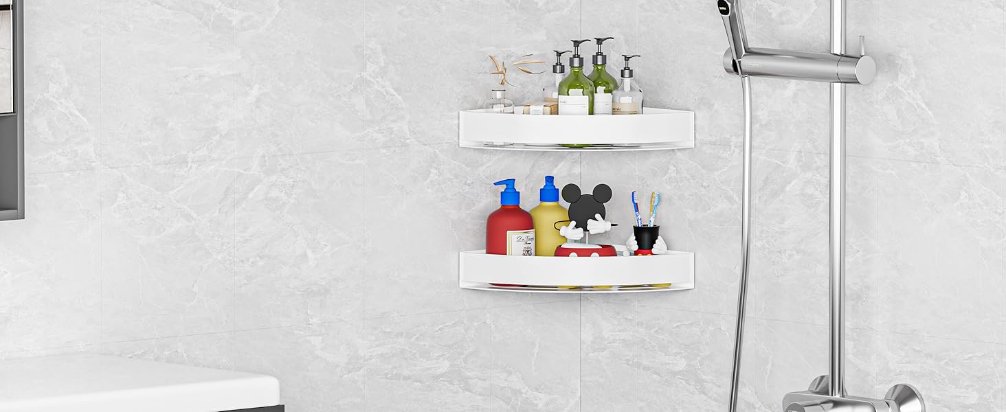 Поличка для душу без свердління, кутова, з нержавіючої сталі, з алюмінію - 2 шт., самоклеюча, для ванної кімнати, 8 кг на полицю, білий