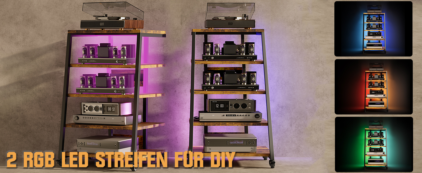 HiFi тумба з колесами для програвача, стереосистеми та ТВ 60x52x78 см. Дерев'яна, 5 полиць, з розетками та LED підсвіткою