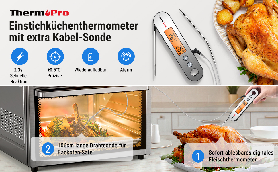 Термометр для м'яса ThermoPro TP610, точність 0,5℃, USB зарядка, водонепроникний IPX5, з відкривачкою, для гриля та кухні, велика індикація