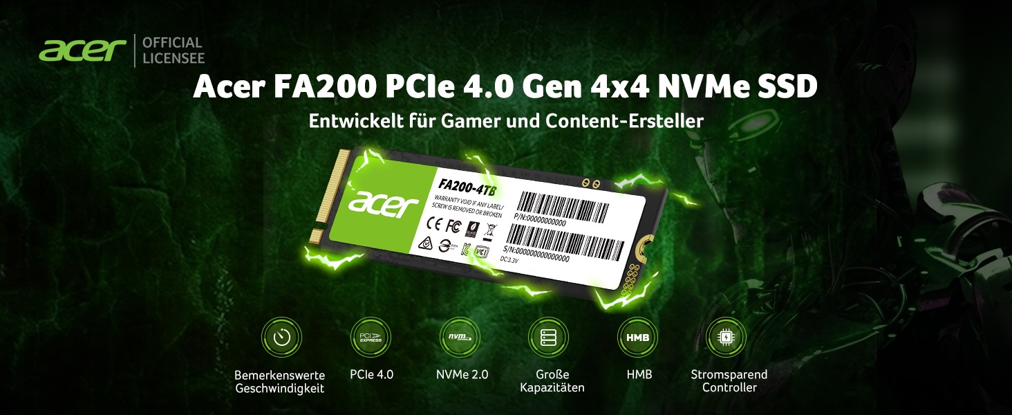 SSD Acer FA200 1TB PCIe 4.0 NVMe - Швидкий накопичувач для ПК, ноутбука, PS5 (Gen4)