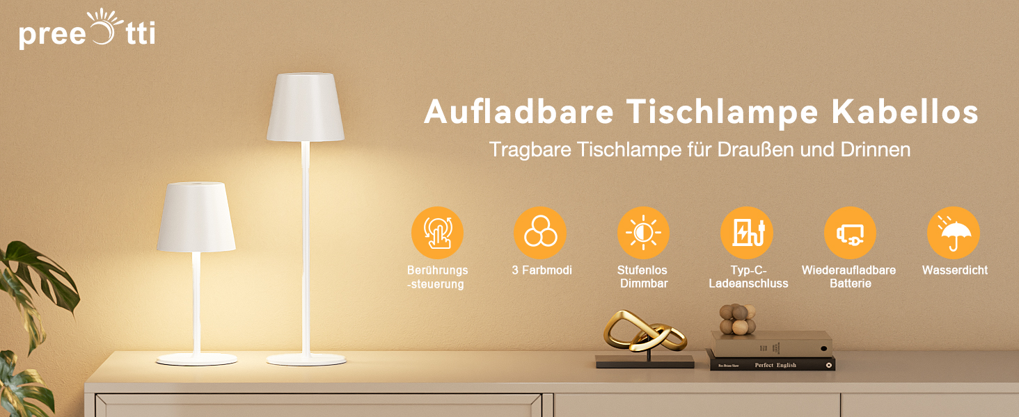 Акумуляторна настільна LED лампа бездротова з USB-C зарядкою, регульована яскравість, 3 режими світла, сенсорна лампа для дому, спальні, кемпінгу (біла)