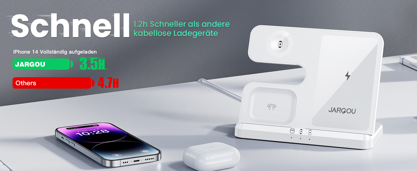 Бездротовий зарядний пристрій JARGOU 3-в-1: для Apple Watch, iPhone та AirPods Pro. Підходить для iPhone 16/15/14/13/12/11 Pro Max, Apple Watch 10/9/Ultra/8/7/6/SE/5/4/3 та AirPods Pro 4/3/2