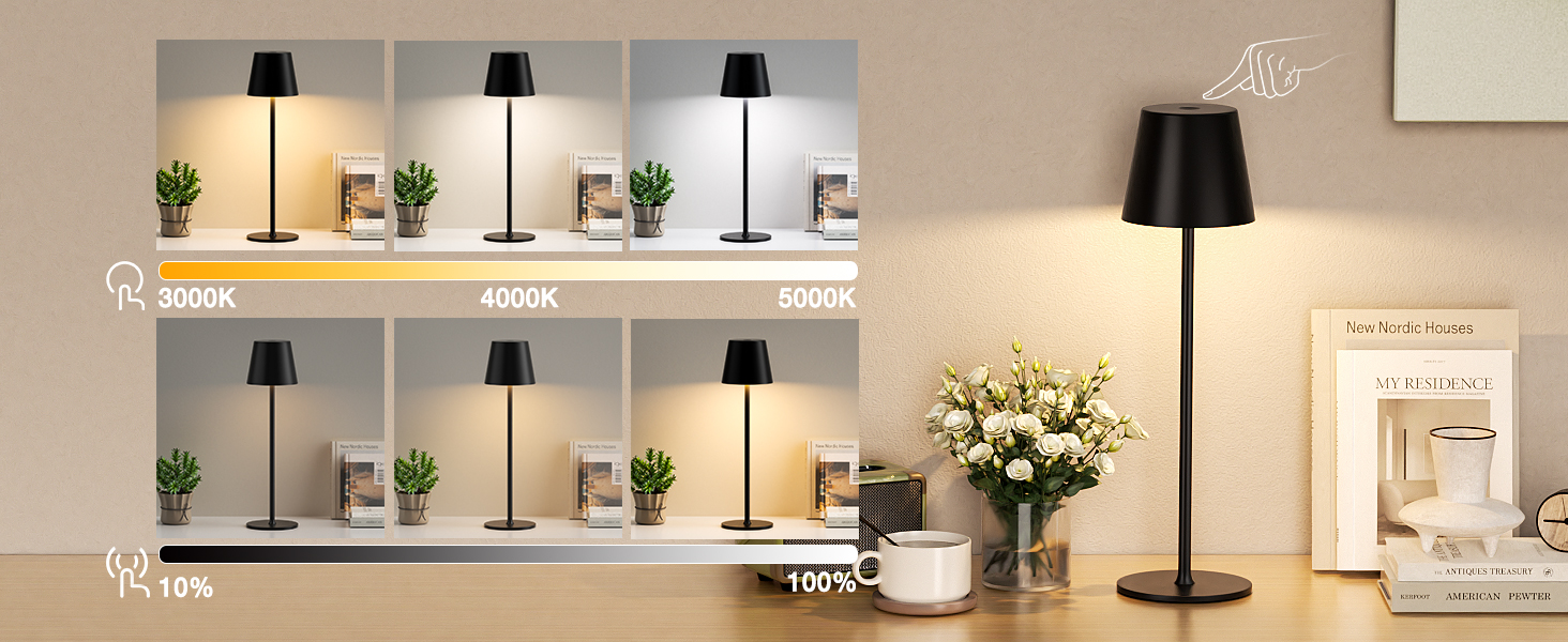 Акумуляторна настільна лампа LED бездротова з USB-C зарядкою, димується, 3 режими світла, чорна - для дому, кемпінгу