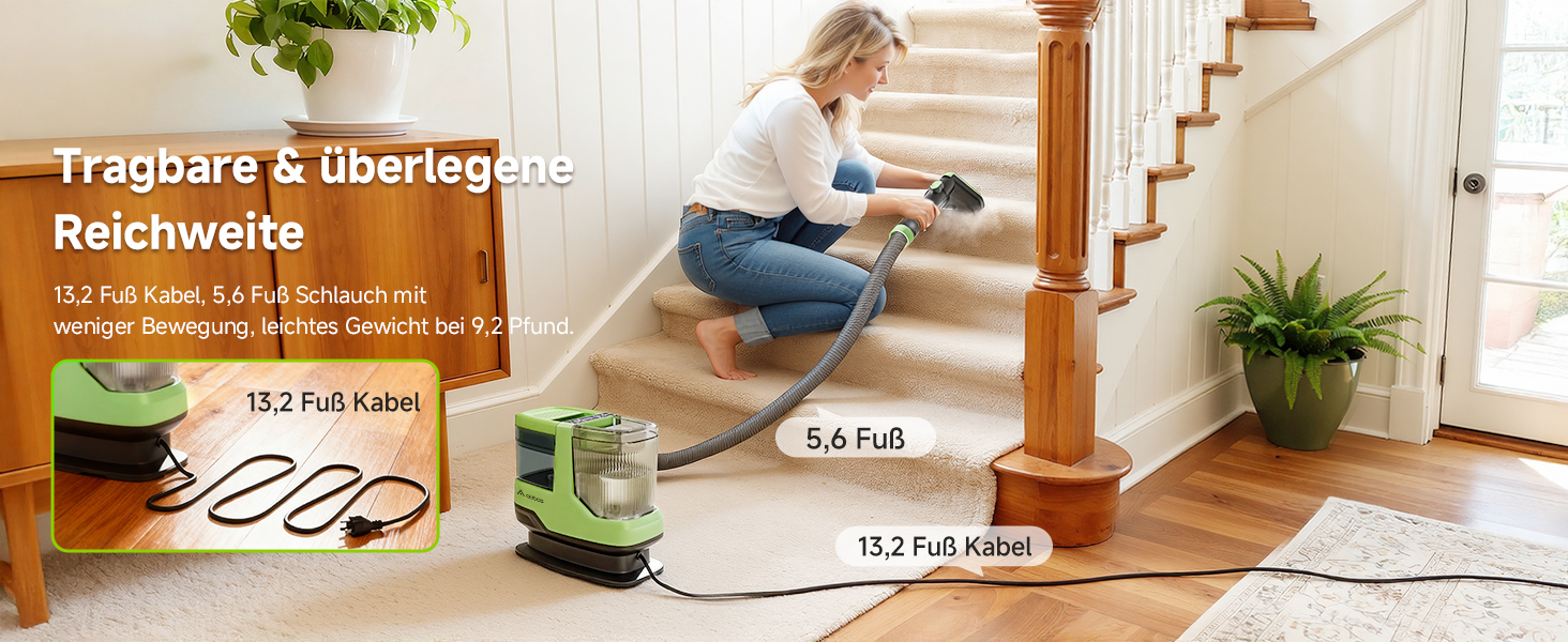 Пылесос для мытья с паром AAOBOSI, 17KPa, для ковров и обивки, с голосовым оповещением, самоочистка, 4 насадки, 1800W, зеленый - для диванів, авто, килимів та сходи