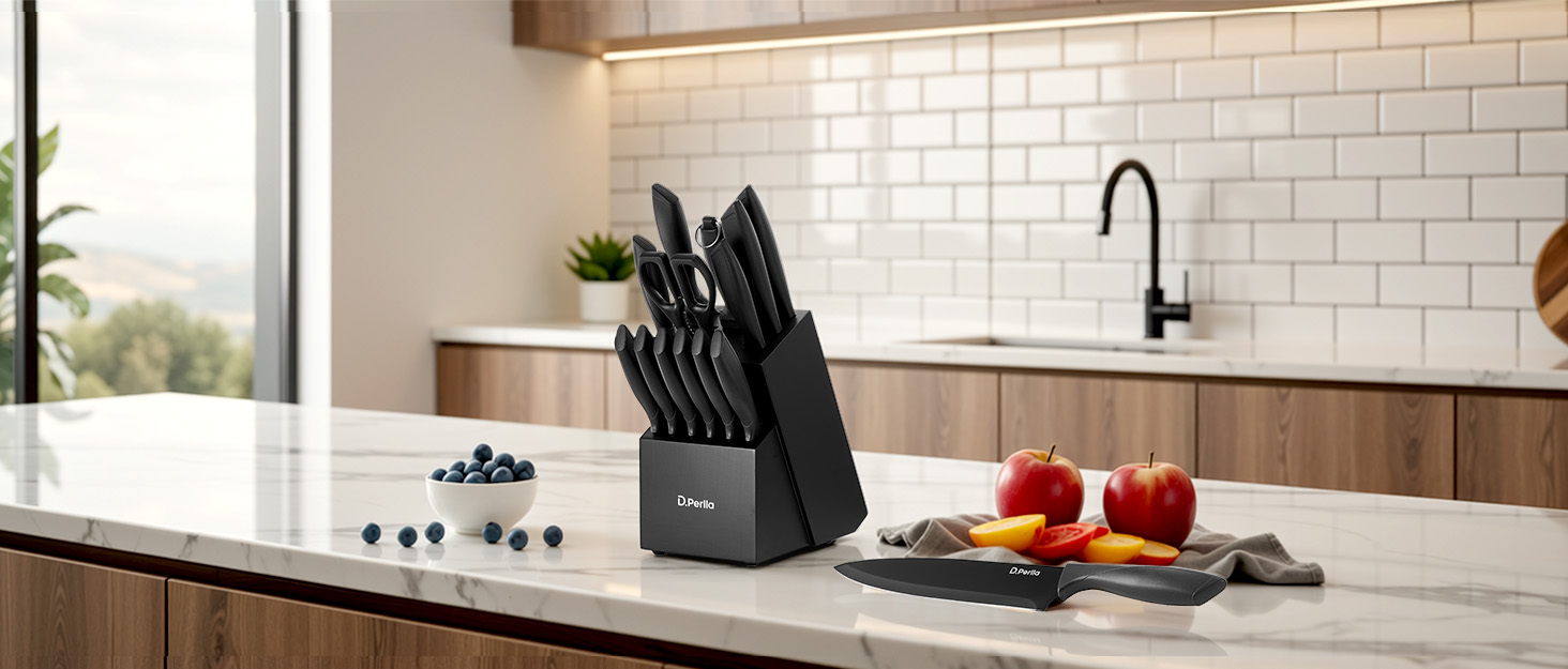 Набір ножів кухонних D.Perlla, 6 предметів, сталь з високим вмістом вуглецю, дерев'яний блок, коричневий колір