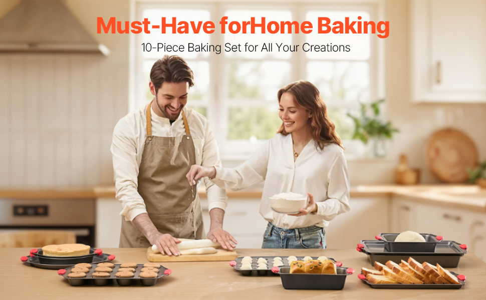 Набір для випічки VEVOR 10 шт. з антипригарним покриттям, з вуглецевої сталі, з силіконовими ручками. Підходить для кексів, печива, хліба та випічки в духовці.